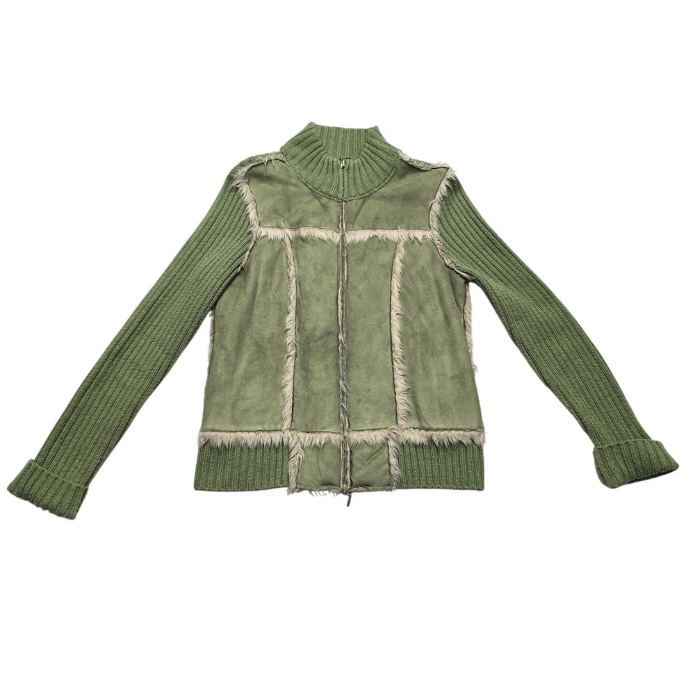 Venus USA Y2K Faux Suede Fur Trim Knit Zip Jacket Sage Green Womens Large